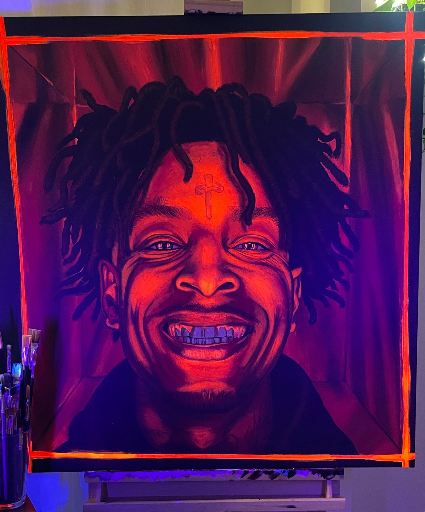 fluorescent portrait Painting of 21 savage glowing in black light