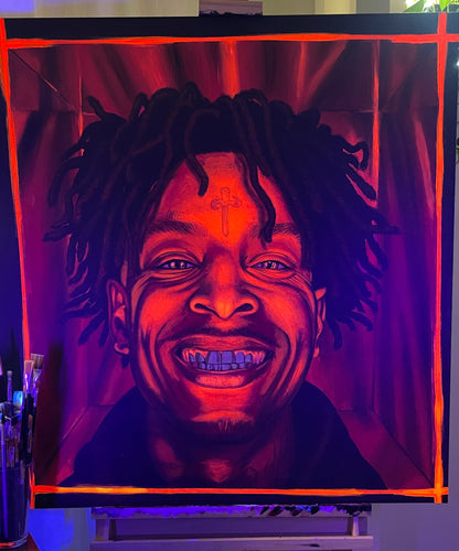 fluorescent portrait Painting of 21 savage glowing in black light